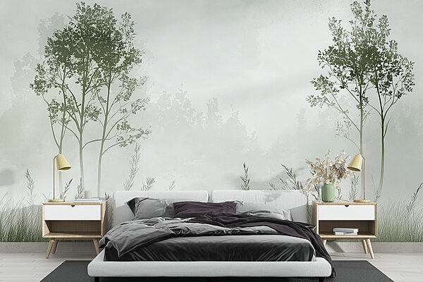 Foggy landscape with trees and grass