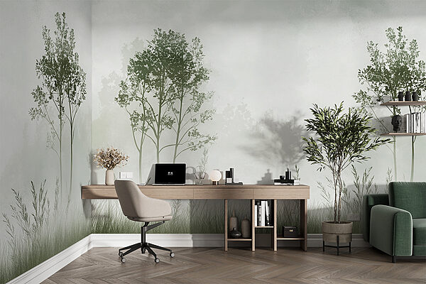 Foggy landscape with trees and grass