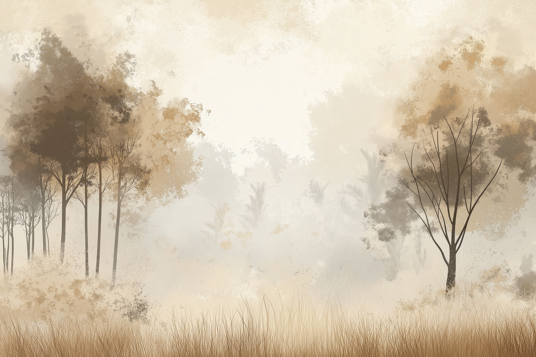 Foggy forest with trees and grass