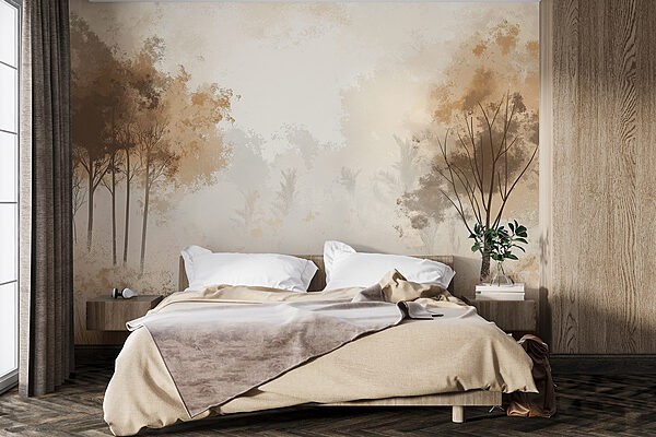 Foggy forest with trees and grass