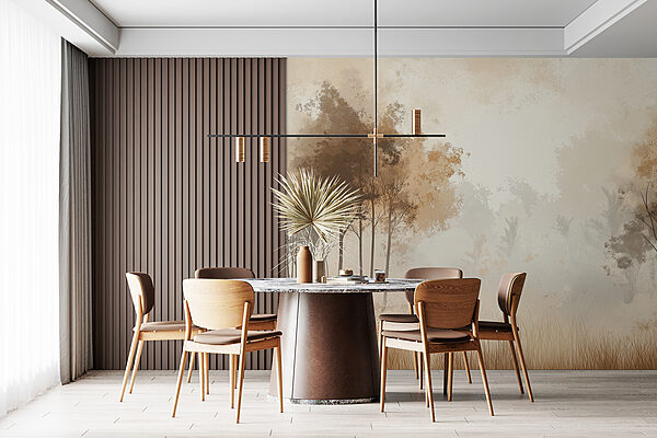 Foggy forest with trees and grass