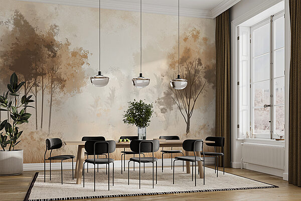 Foggy forest with trees and grass