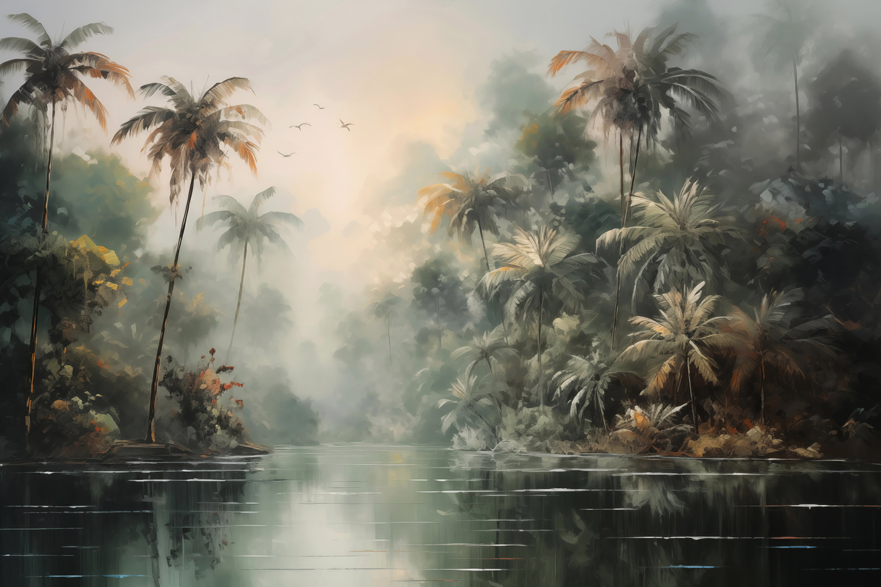 Water with palm trees and birds flying Water with palm trees and birds flying