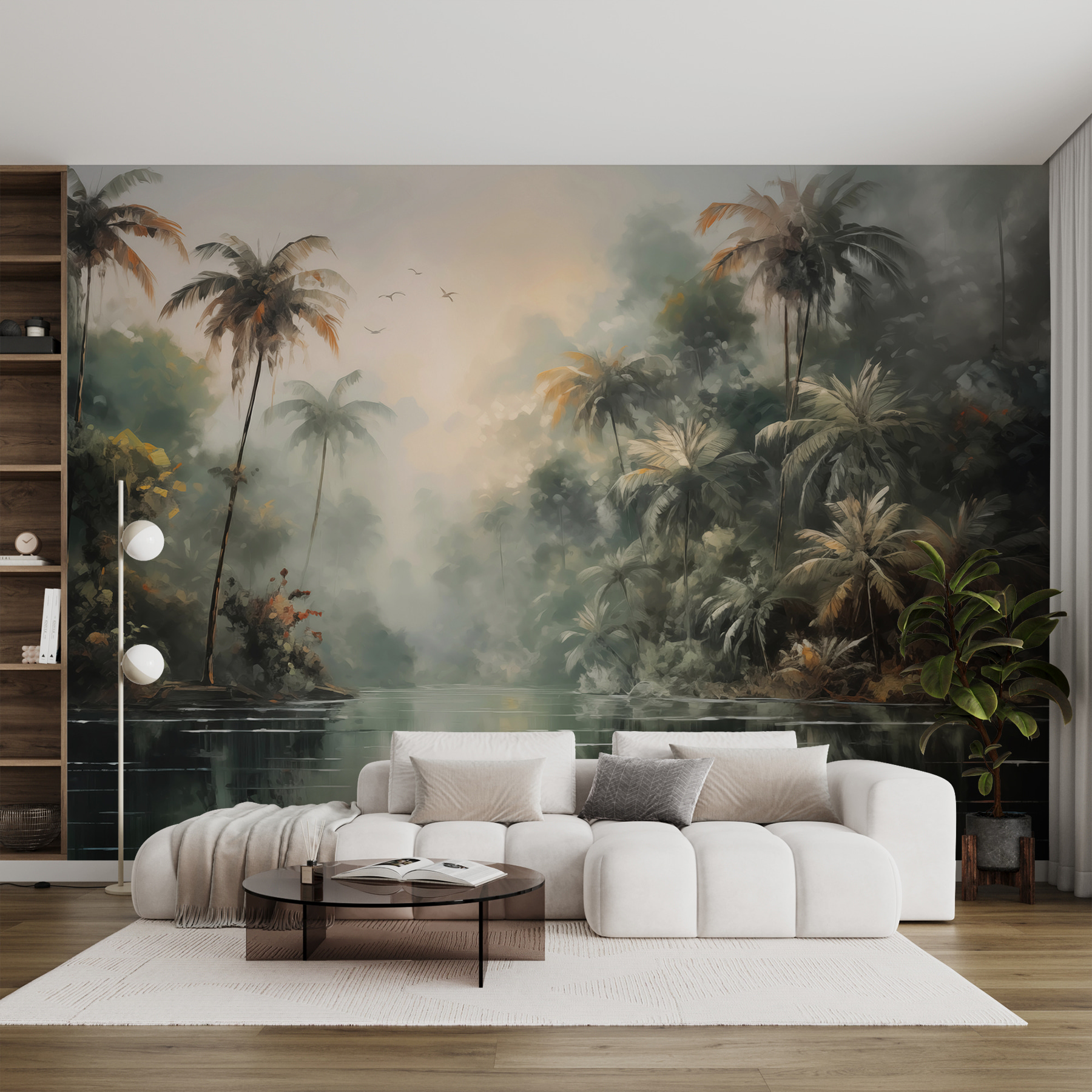 Water with palm trees and birds flying Water with palm trees and birds flying