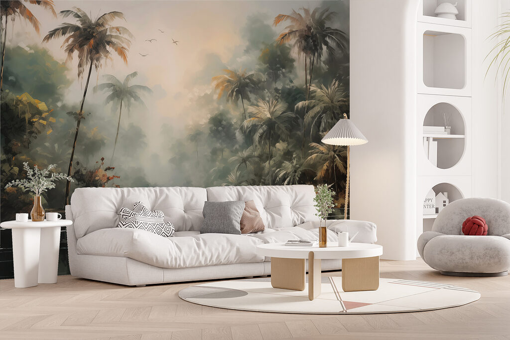 Water with palm trees and birds flying Water with palm trees and birds flying