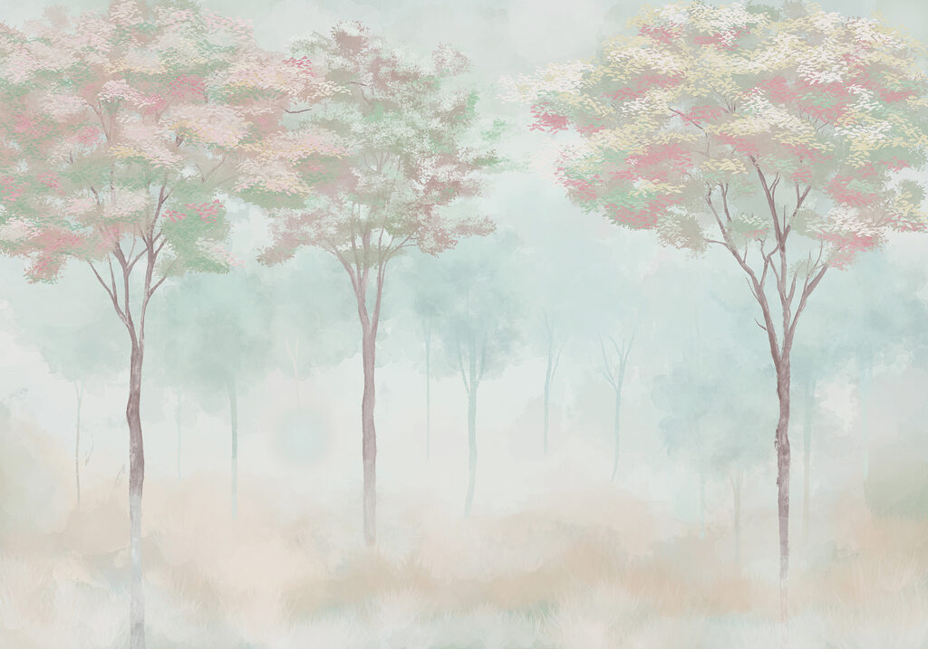Group of trees in a foggy forest