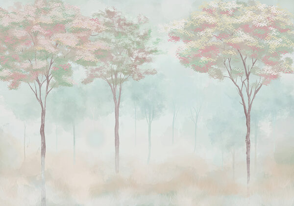 Group of trees in a foggy forest