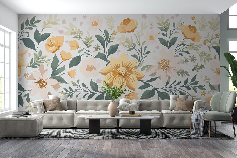 Floral σχέδιο με κίτρινα λουλούδια και πράσινα φύλλα