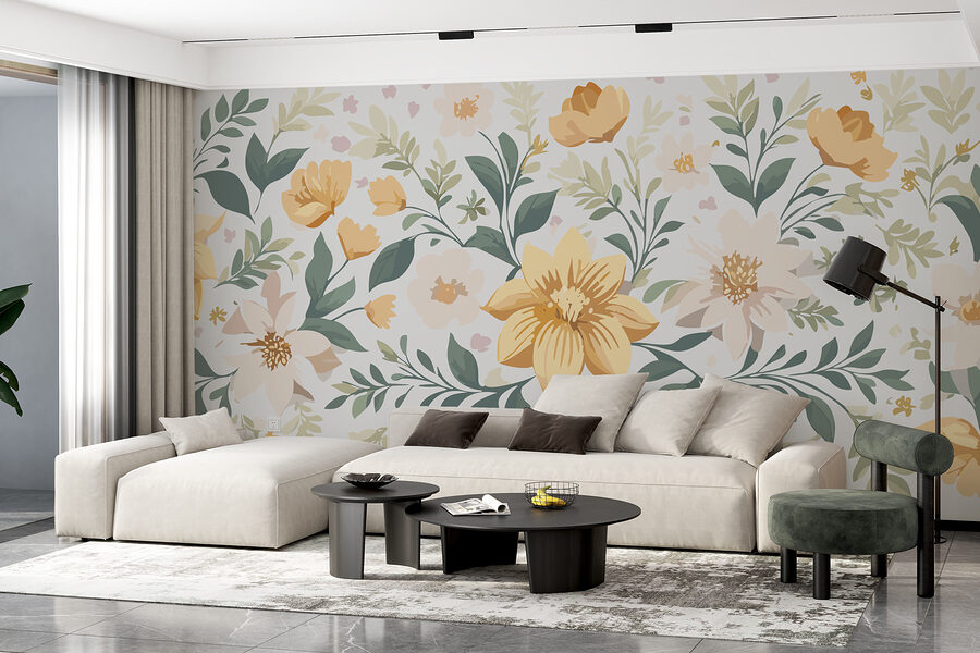 Floral σχέδιο με κίτρινα λουλούδια και πράσινα φύλλα