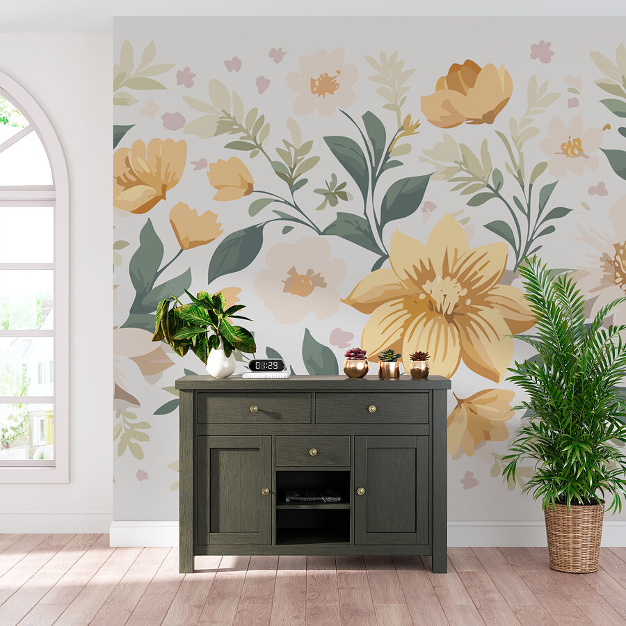 Floral σχέδιο με κίτρινα λουλούδια και πράσινα φύλλα