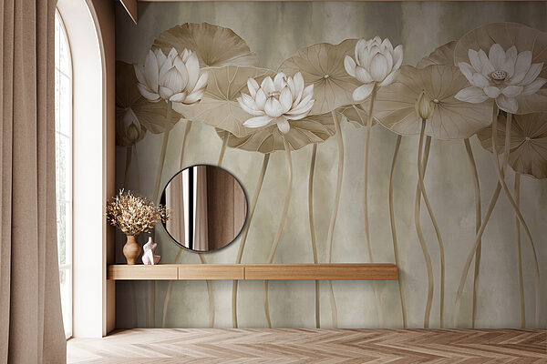 Wall murals Group of white flowers and leaves Wall murals Group of white flowers and leaves