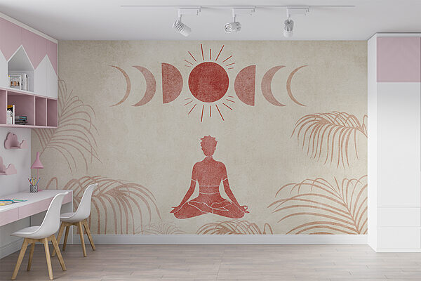 Person sitting in a lotus position with a sun and palm trees