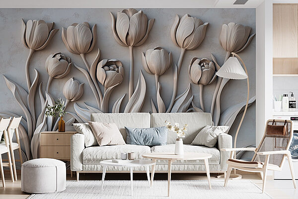 Ταπετσαρίες Σκαλίσματα λευκών λουλουδιών σε τοίχο