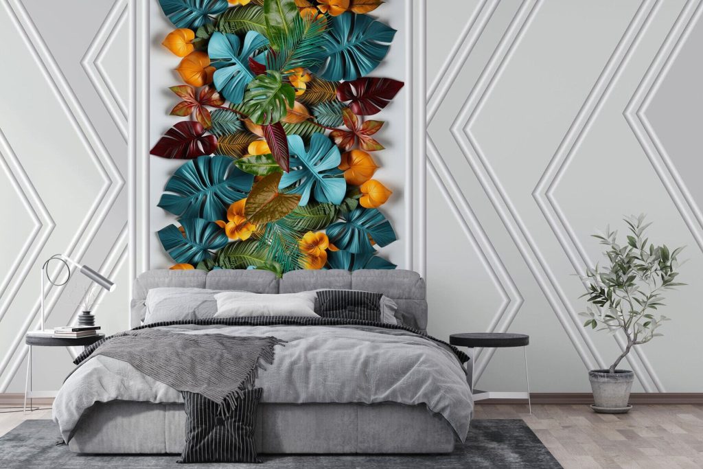 White door with colorful leaves