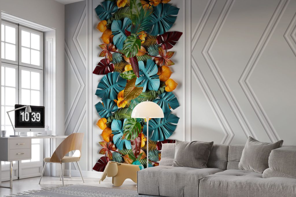 White door with colorful leaves