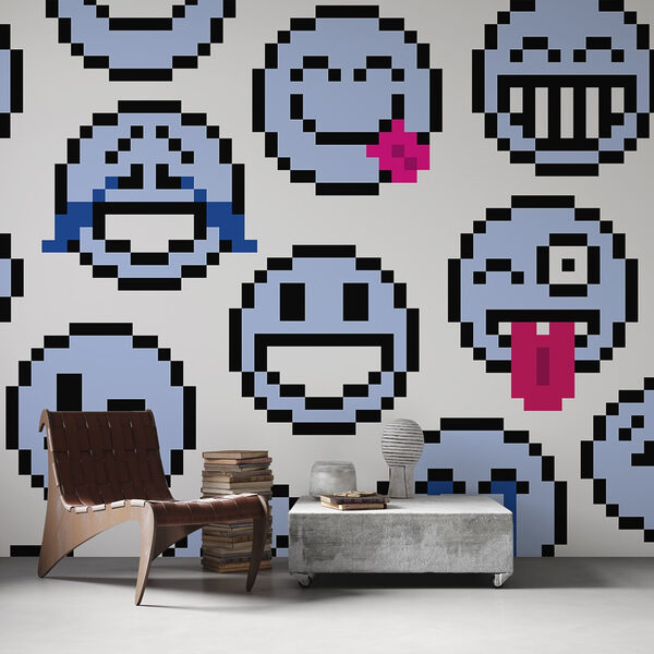 Seamless pattern of blue smiley faces