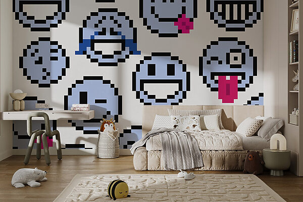 Seamless pattern of blue smiley faces