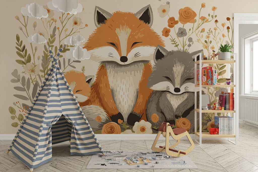 Fox and baby fox sitting in flowers