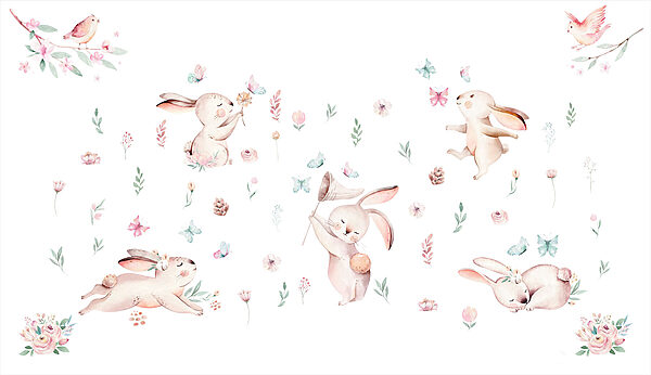 Group of rabbits with flowers and butterflies