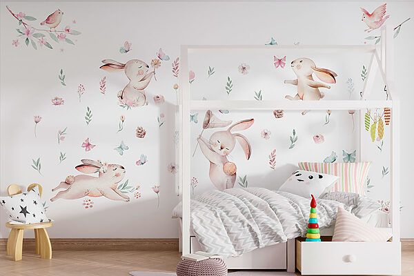 Group of rabbits with flowers and butterflies