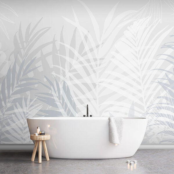 Grey and white background with leaves