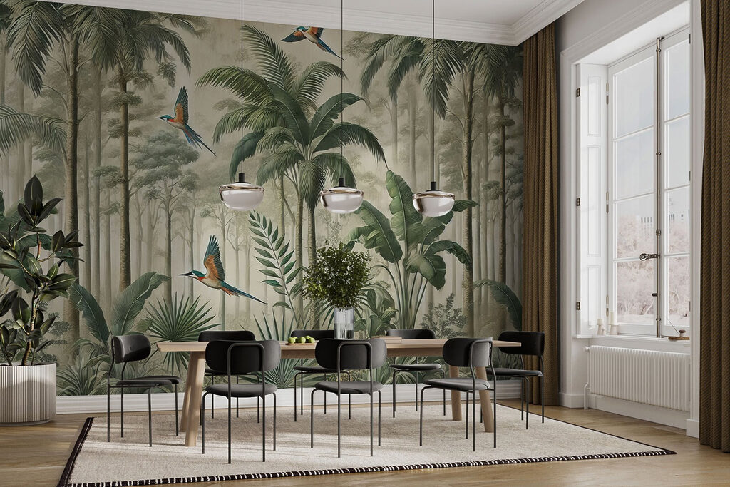 Mural of birds flying over a forest