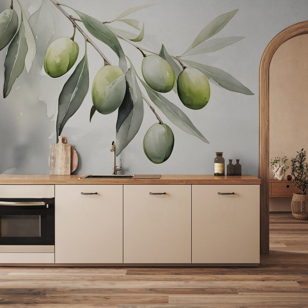 Branch with green fruits and leaves Branch with green fruits and leaves