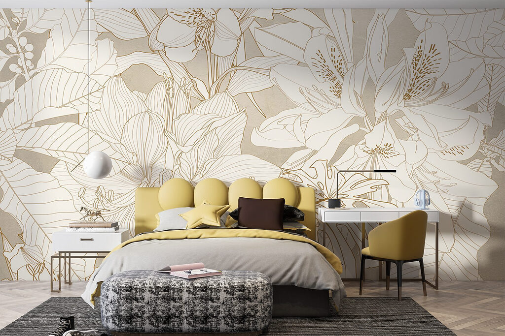 Wallpaper with flowers and leaves