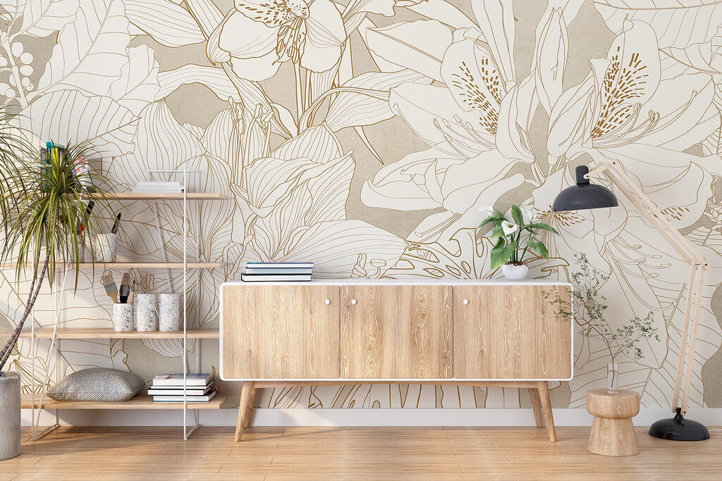 Wallpaper with flowers and leaves