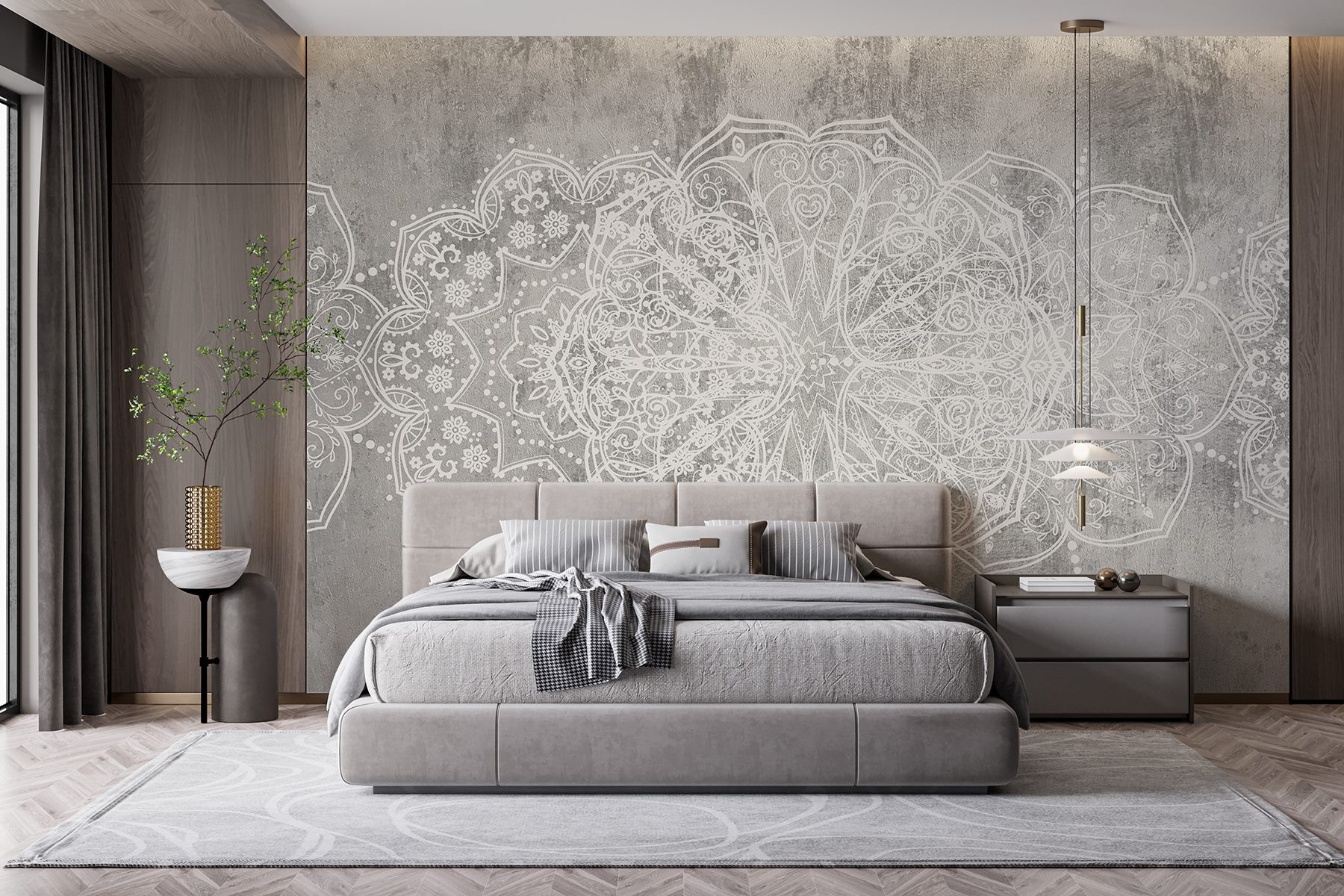 White ornate design on a grey surface