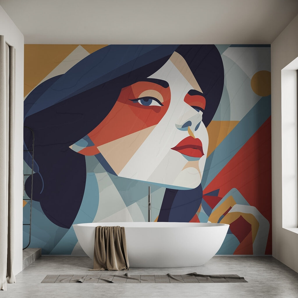 Woman with blue hair and red and white makeup