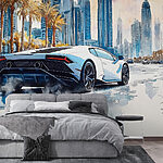 Ταπετσαρίες Ζωγραφική ενός λευκού σπορ αυτοκινήτου που οδηγεί σε δρόμο με φοίνικες