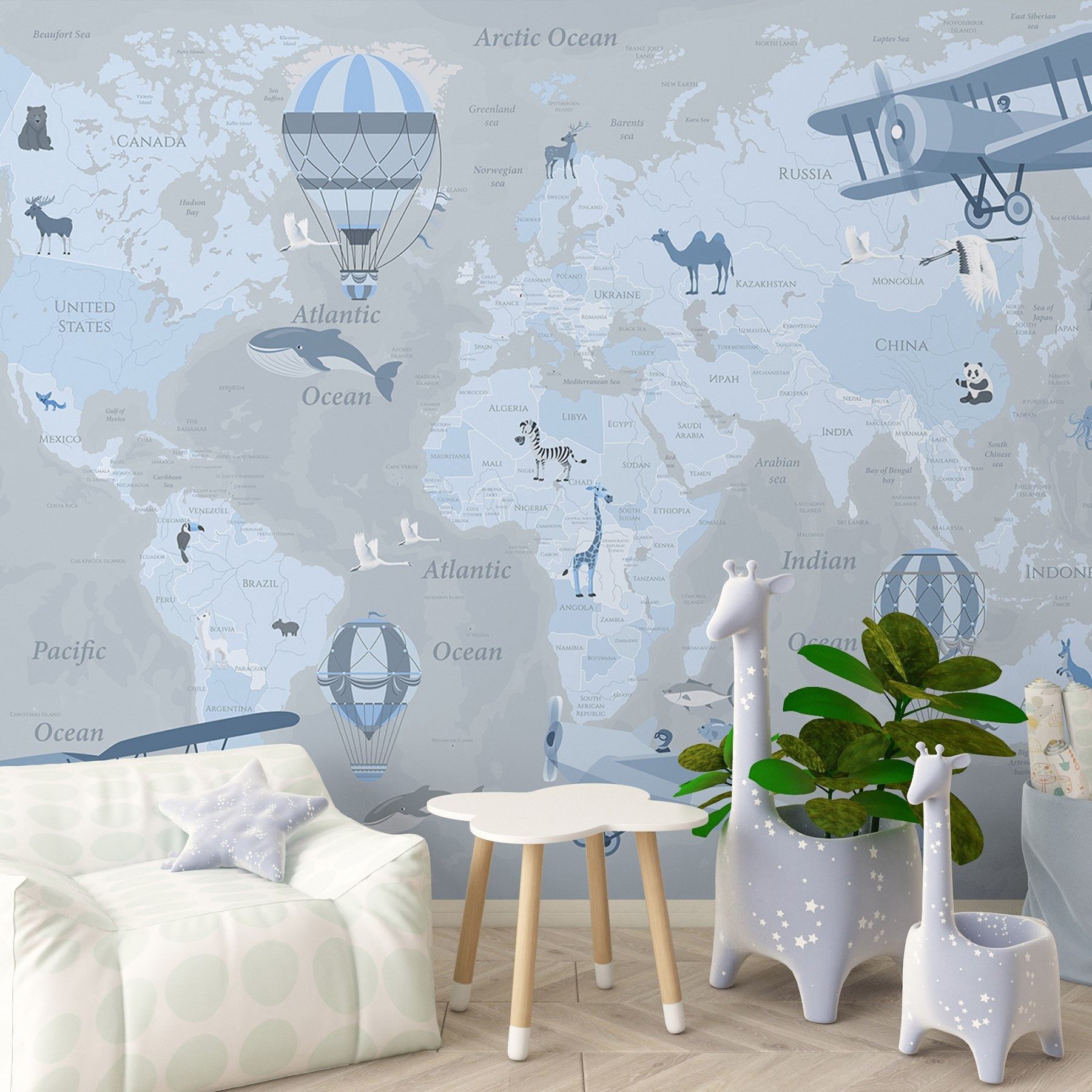 Map of the world with different types of airplanes and animals