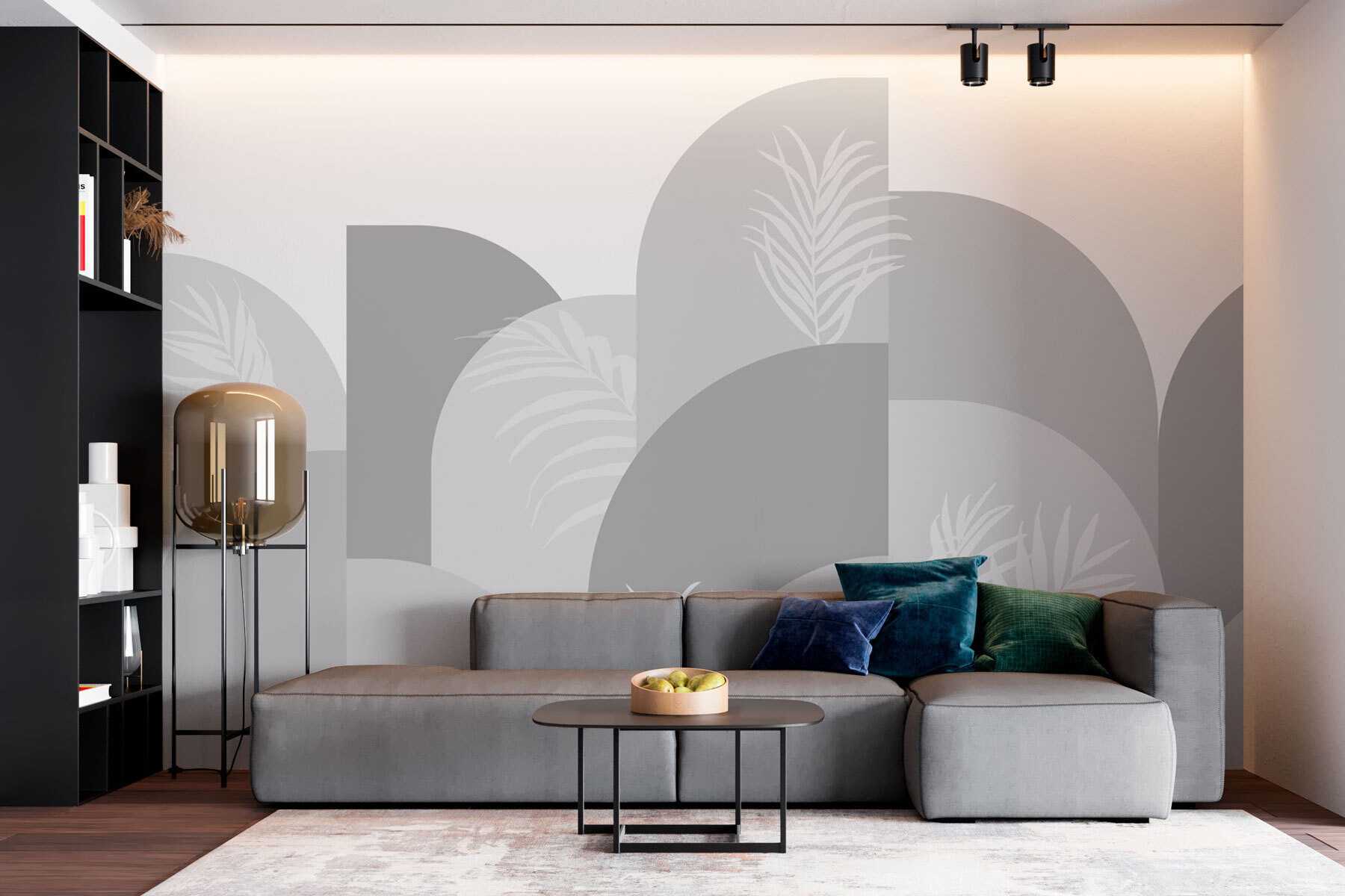 Grey and white background with white leaves Grey and white background with white leaves