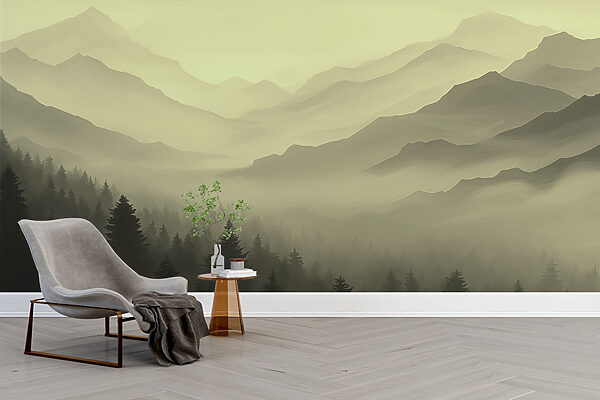 Foggy mountain landscape with trees