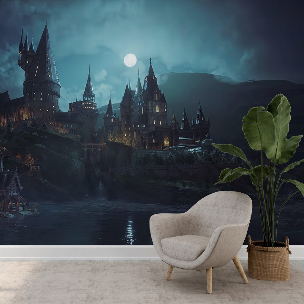 Castle on a hill with a moon in the sky