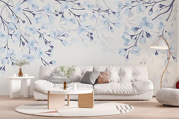 White and blue flowers on a white background