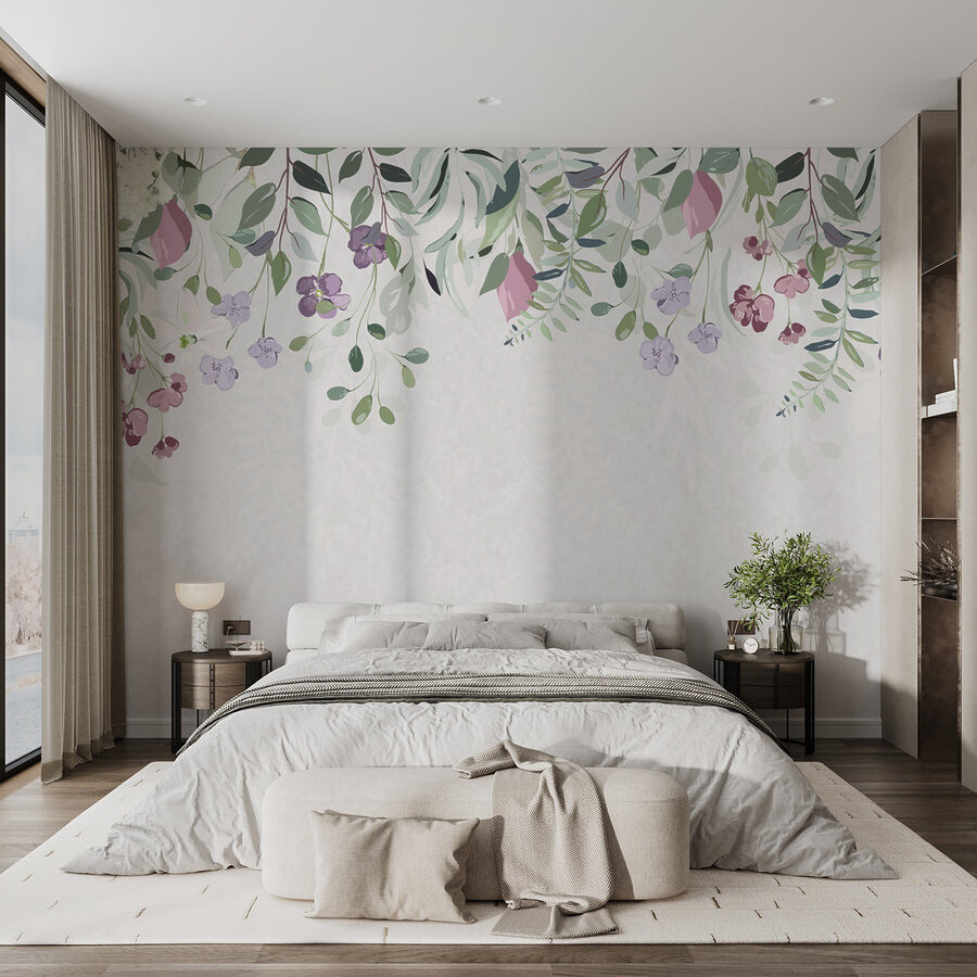Floral σύνορα με μοβ λουλούδια και φύλλα