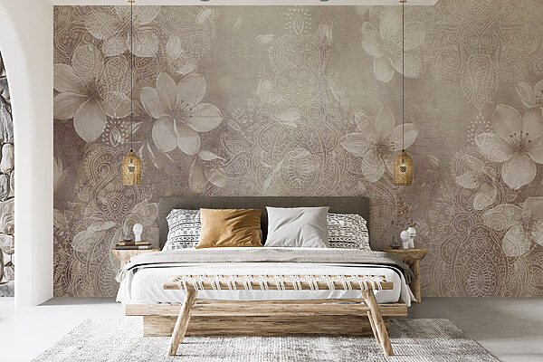 Ταπετσαρίες Ταπετσαρίες Λευκά λουλούδια σε γκρι φόντο (Κωδικός προϊόντος: w08405v1)