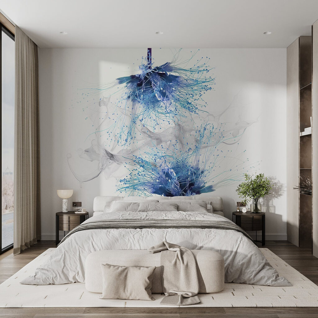 Blue flowers with white ink in the air