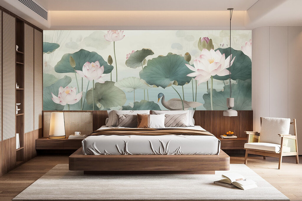 Duck in a pond with lotus flowers