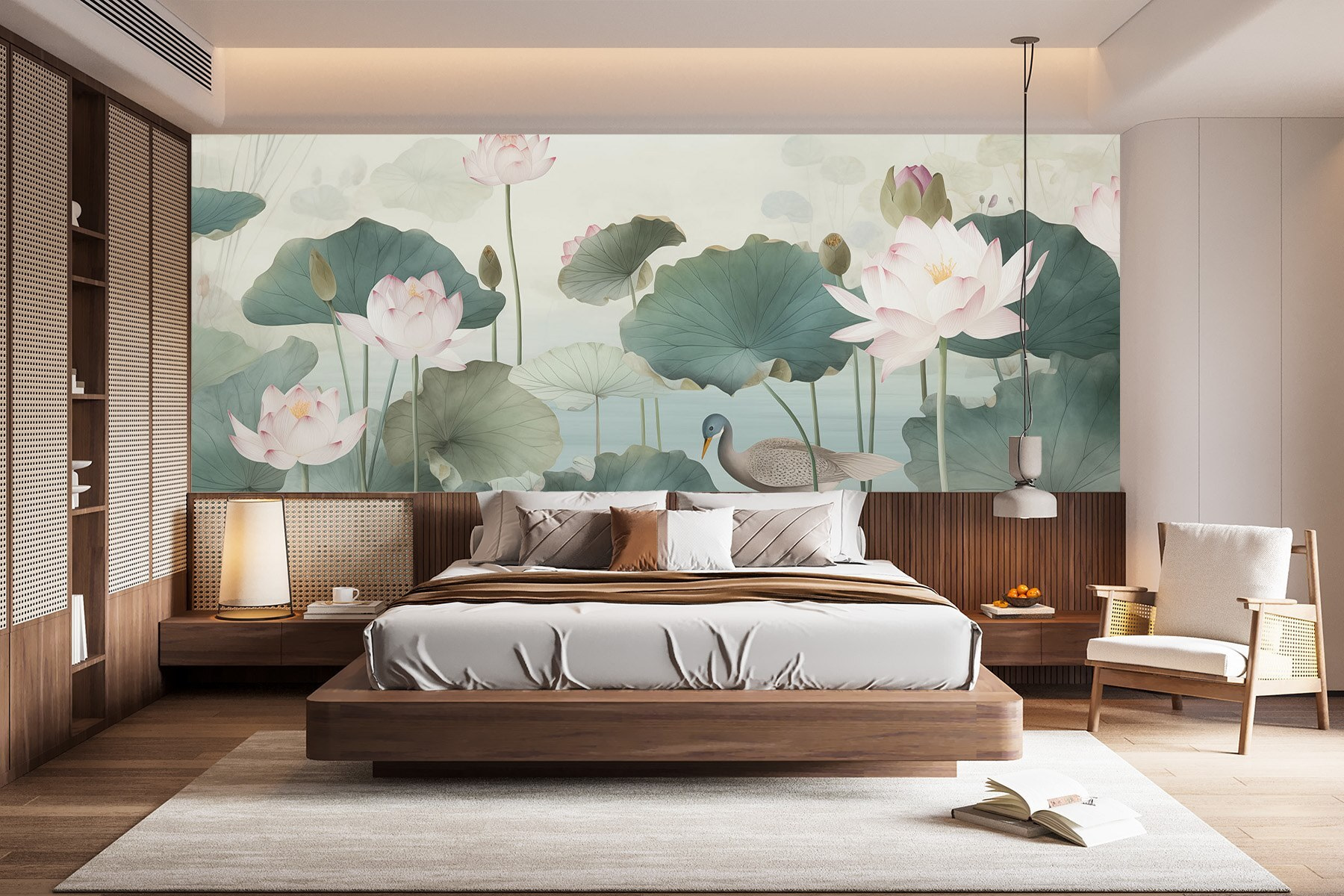 Duck in a pond with lotus flowers