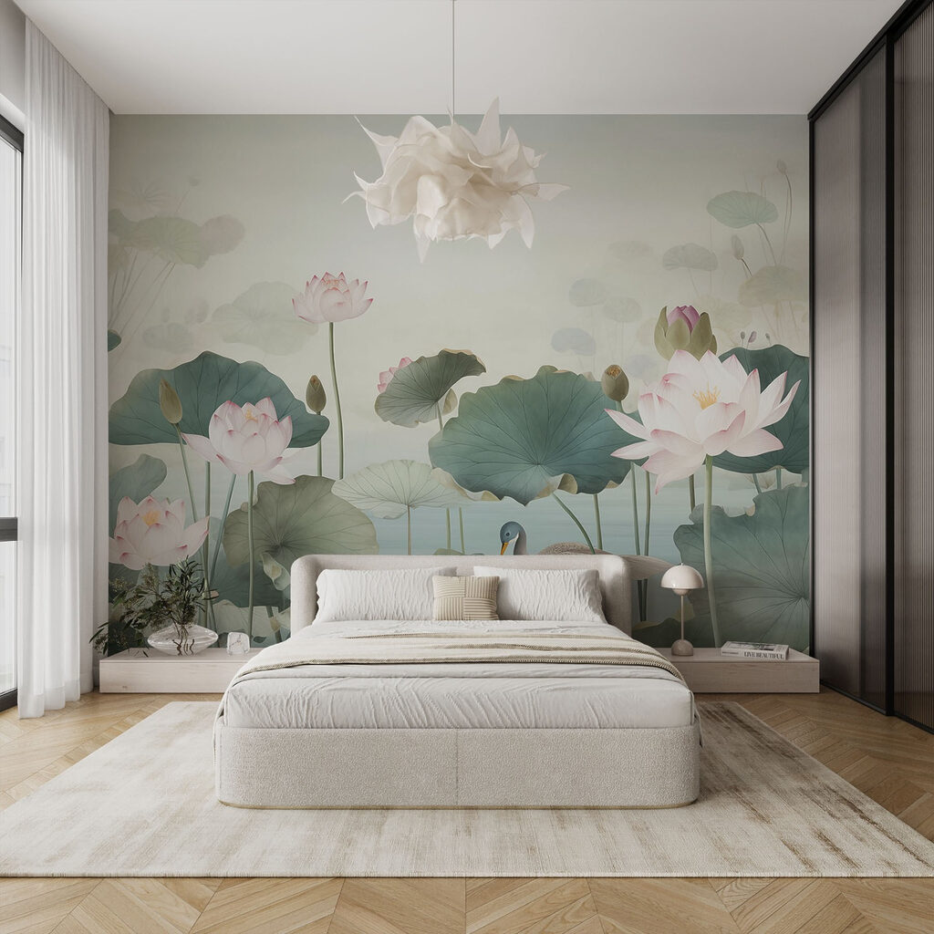 Duck in a pond with lotus flowers