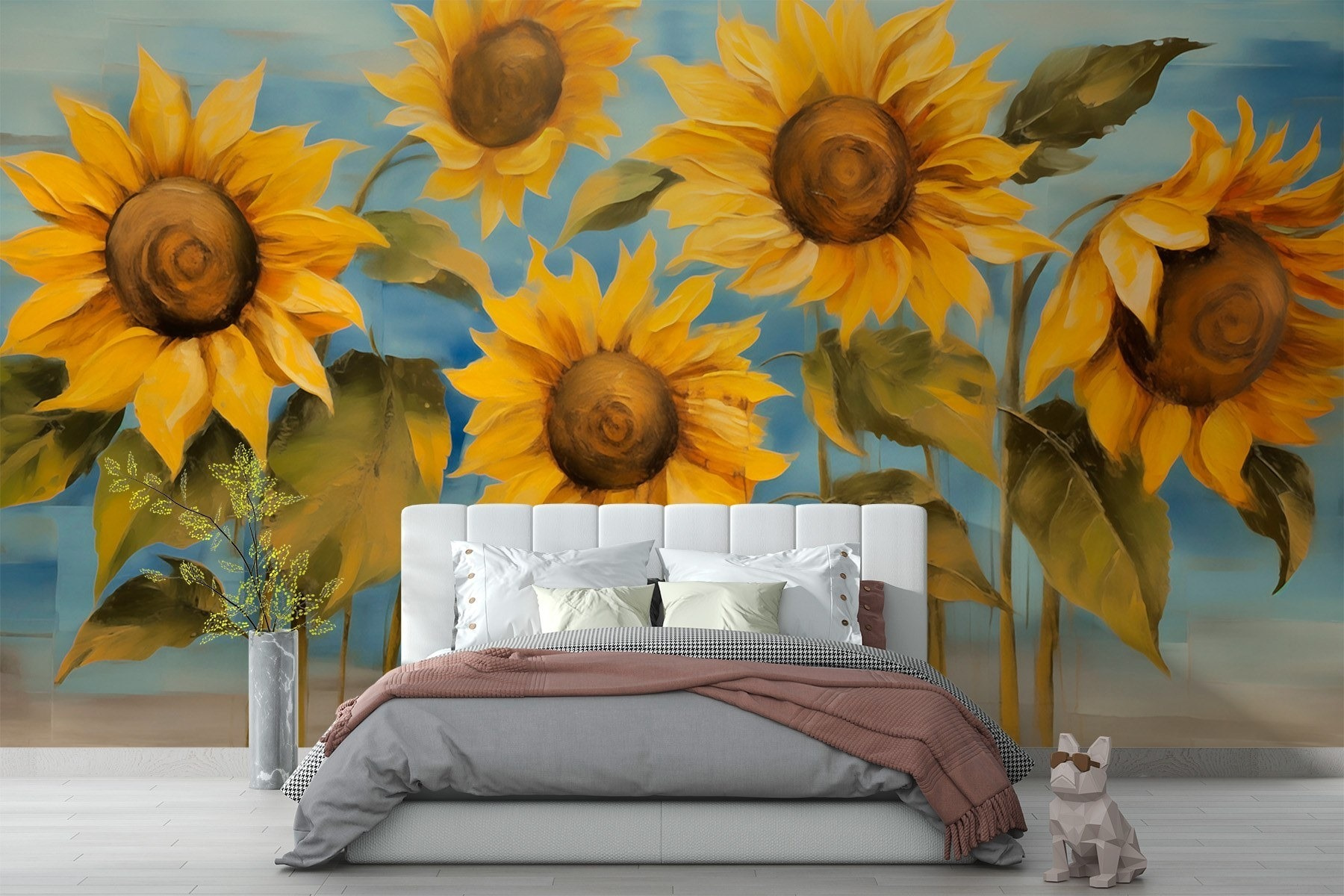 Painting of sunflowers on a wall