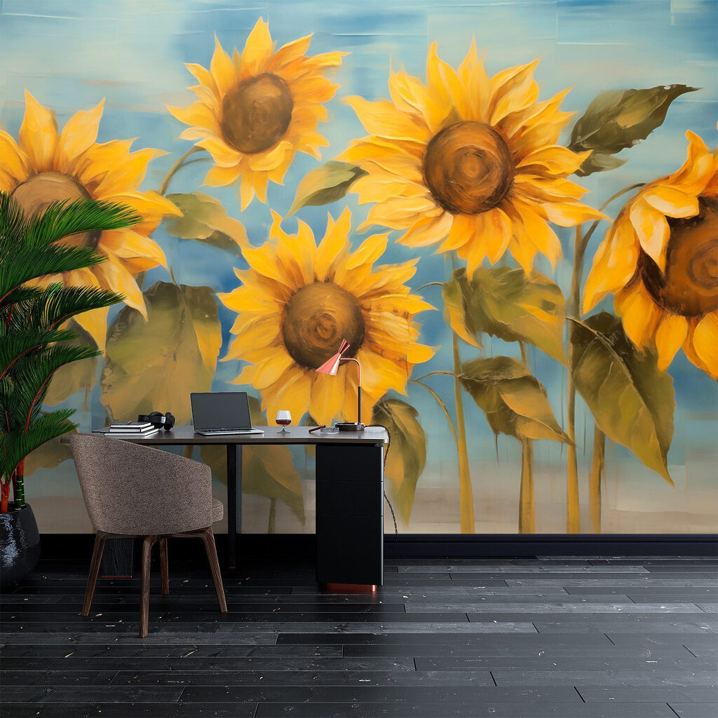 Painting of sunflowers on a wall