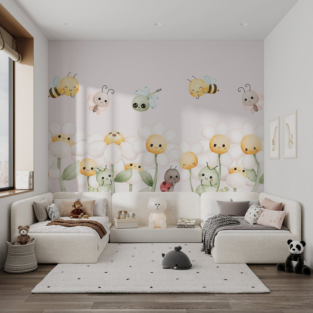 Group of cartoon bugs and flowers