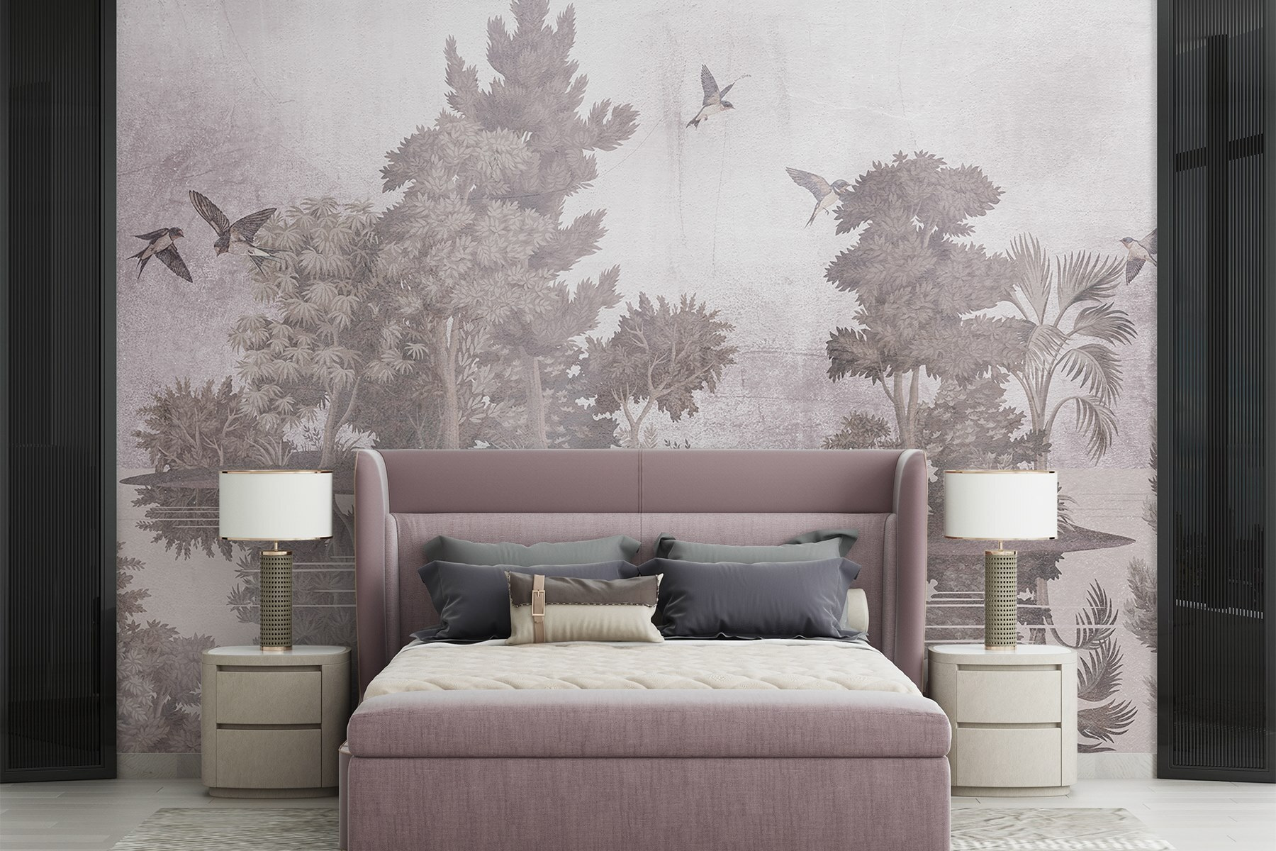 Birds flying over trees