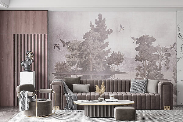 Birds flying over trees