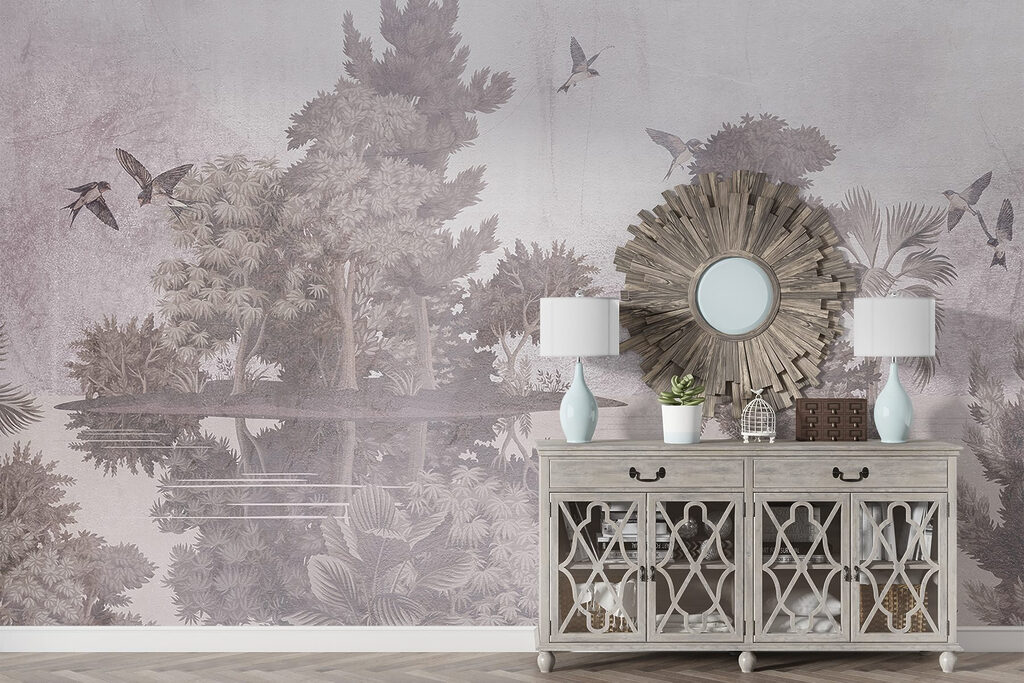 Birds flying over trees