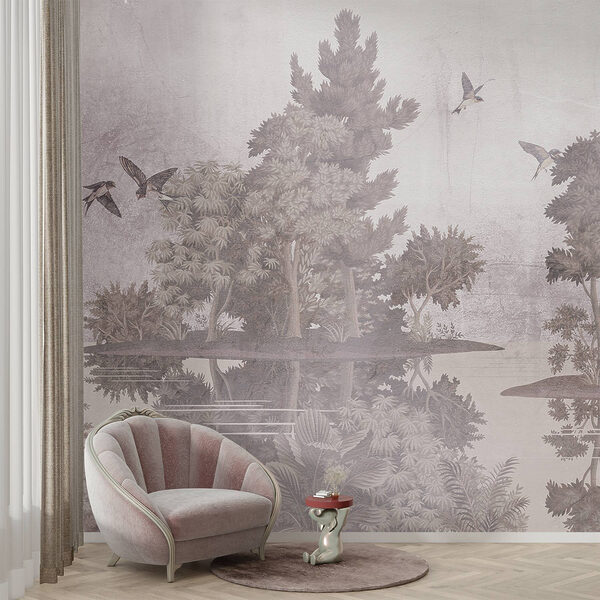 Birds flying over trees